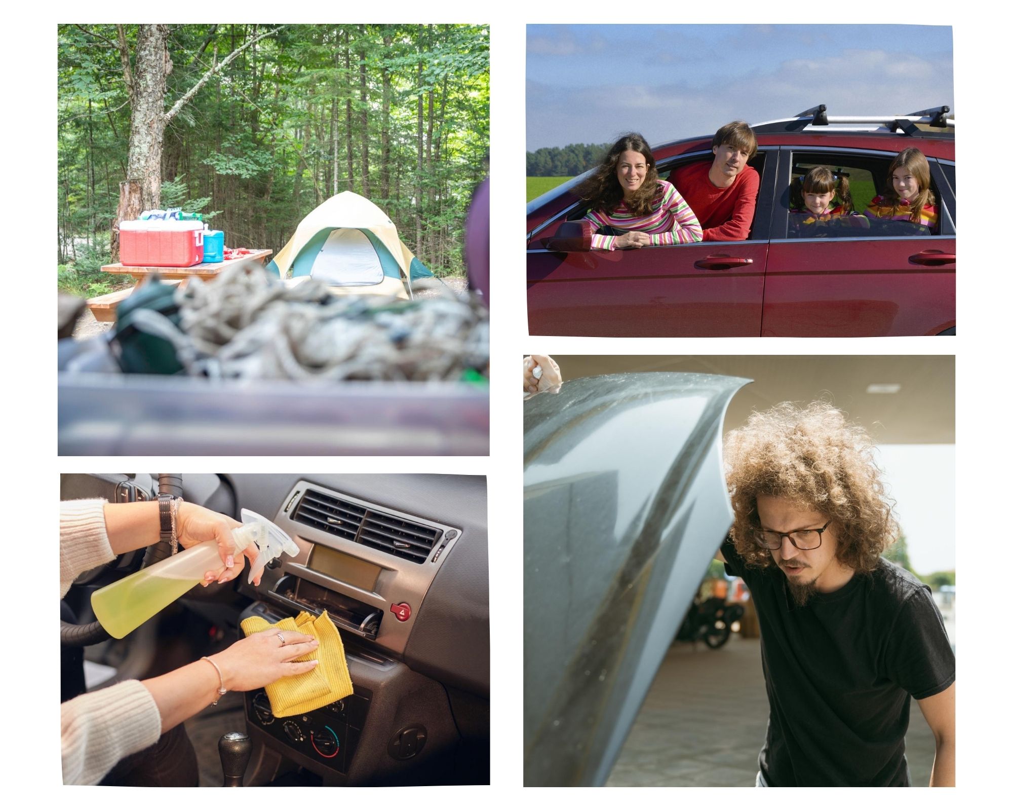 Collage of four images: a forest campsite with a tent, a family in a red car smiling, cleaning a car interior, and a person inspecting an engine at a gas station